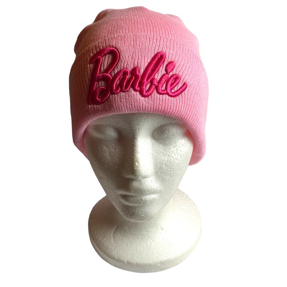 Barbie Women’s and Girls Embroidered Logo Beanie Pink Knitted Hat Skully Winter